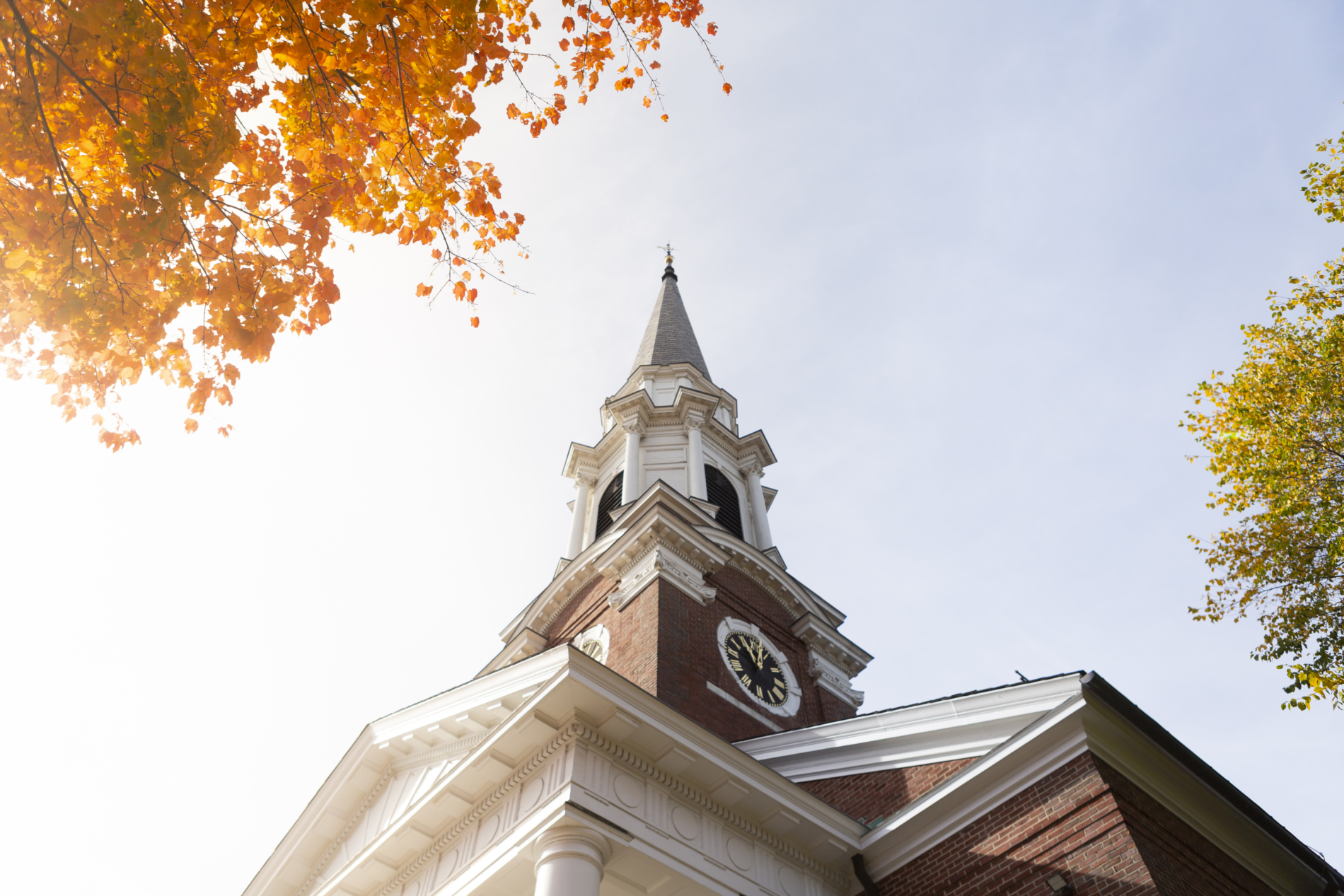 Steeple lit in fall sunlight