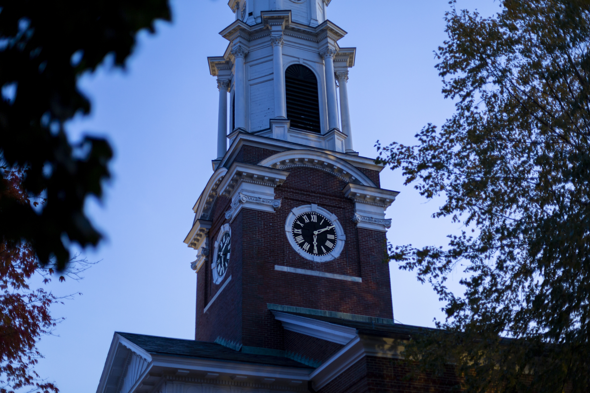 Steeple clock at dusk